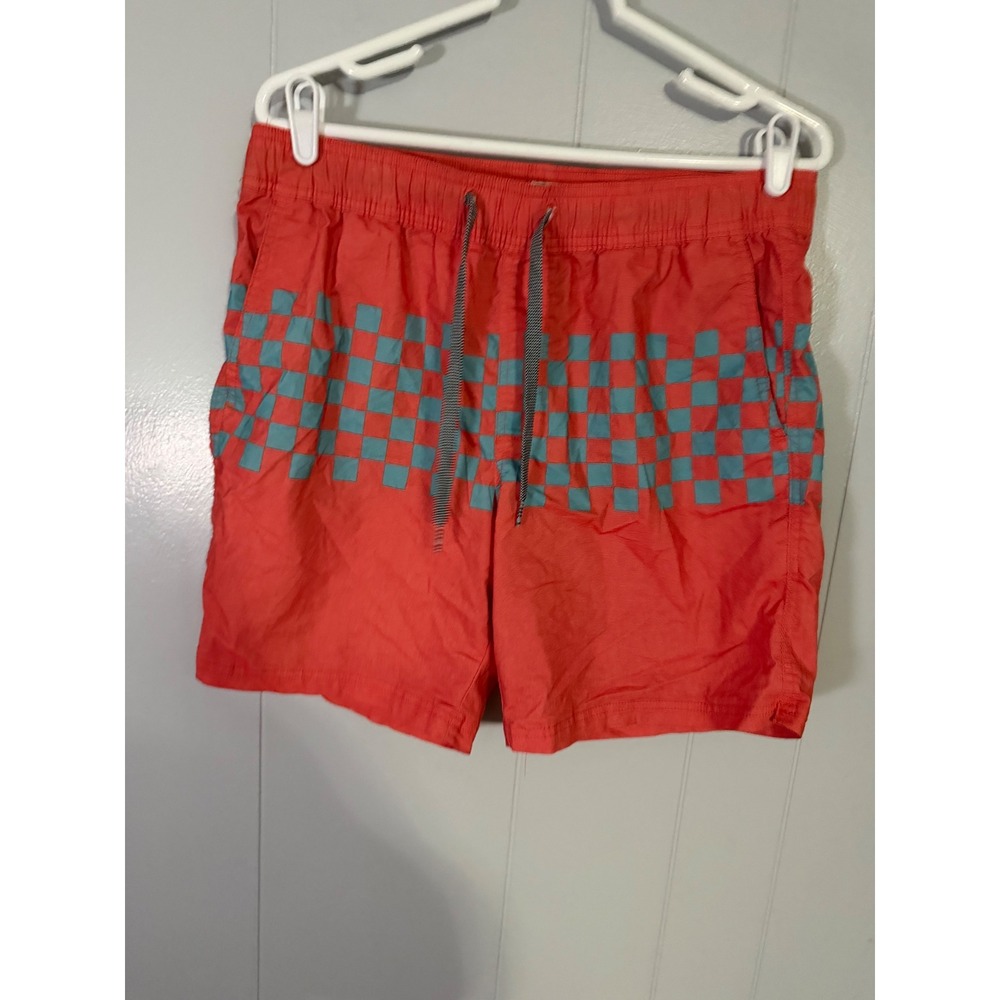 C/Y/A Swim Trunks Mens Large Red Teal Blue Checkered Board Shorts Drawstring